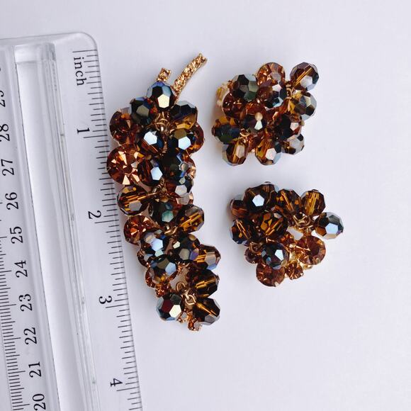 VTG Juliana Mid Century Cha Cha Brooch Earrings Set Gold Tone AB Beads Root Beer - Picture 14 of 14